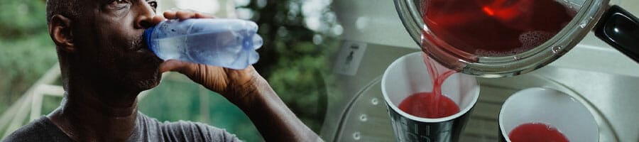 Man drinking water, making a jello drink to pass a drug test