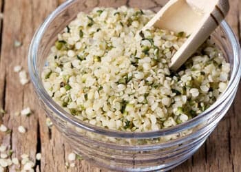 Foods to avoid before a urine drug test: a bowl with a scooper full of hemp seeds