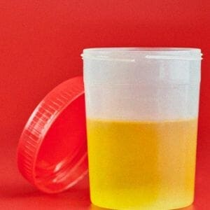 A urine sample with an open lid