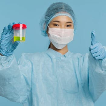 An Asian nurse holding up an urine sample and a thumbs up